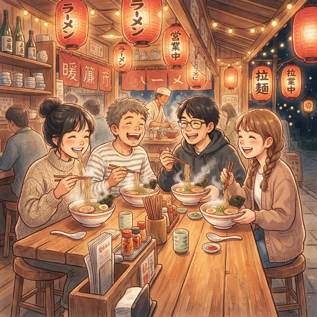 Friends gathered at the ramen bar, laughing together over steaming bowls under warm lantern light
