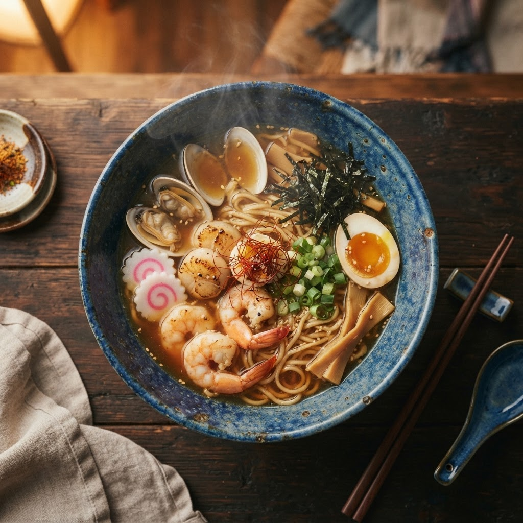 A steaming bowl of Umi no Uta ramen