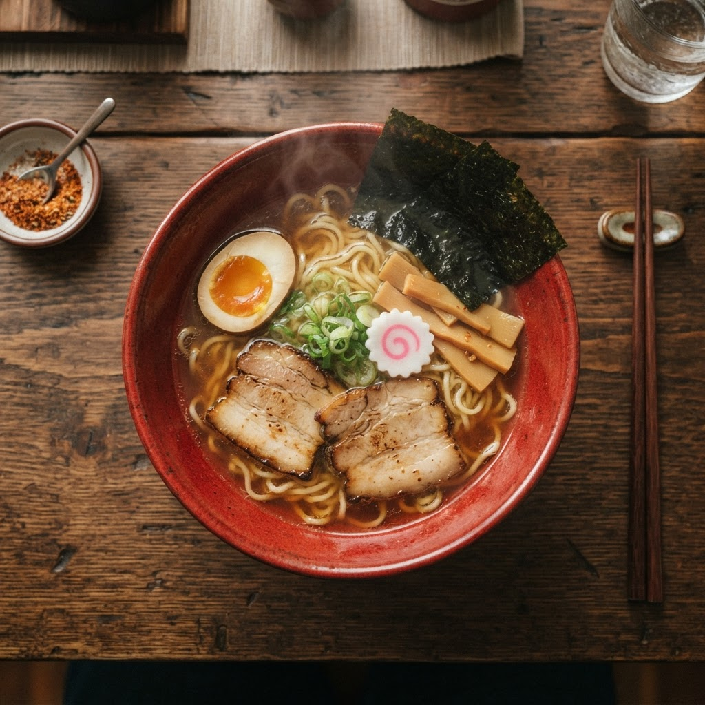 A steaming bowl of Shoyu Kaze ramen