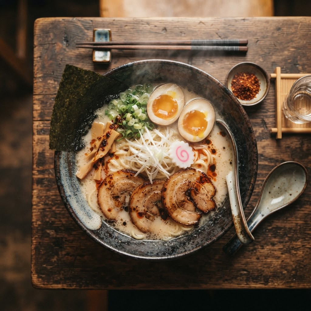 A steaming bowl of Tonkotsu no Kizuna ramen